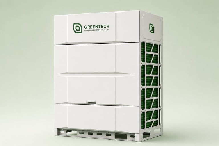 Greentech brand white battery energy storage system with green solar panel modules mounted on side and pallet base